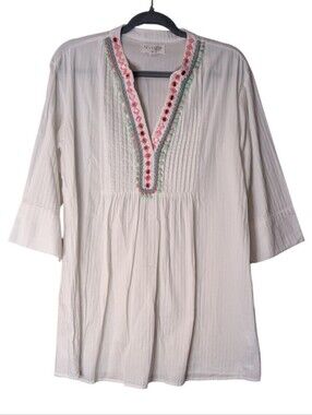 Nvelop Embroidered White Tunic Blouse Boho V-Neck 3/4 Sleeve Top pompom UV sz M